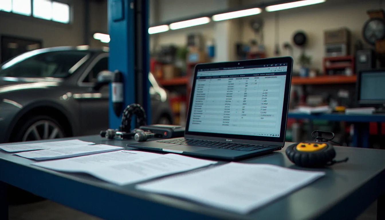 Atelier de préparateur automobile avec outils de diagnostic et fiches d'entretien pour évaluer le coût global d'une voiture
