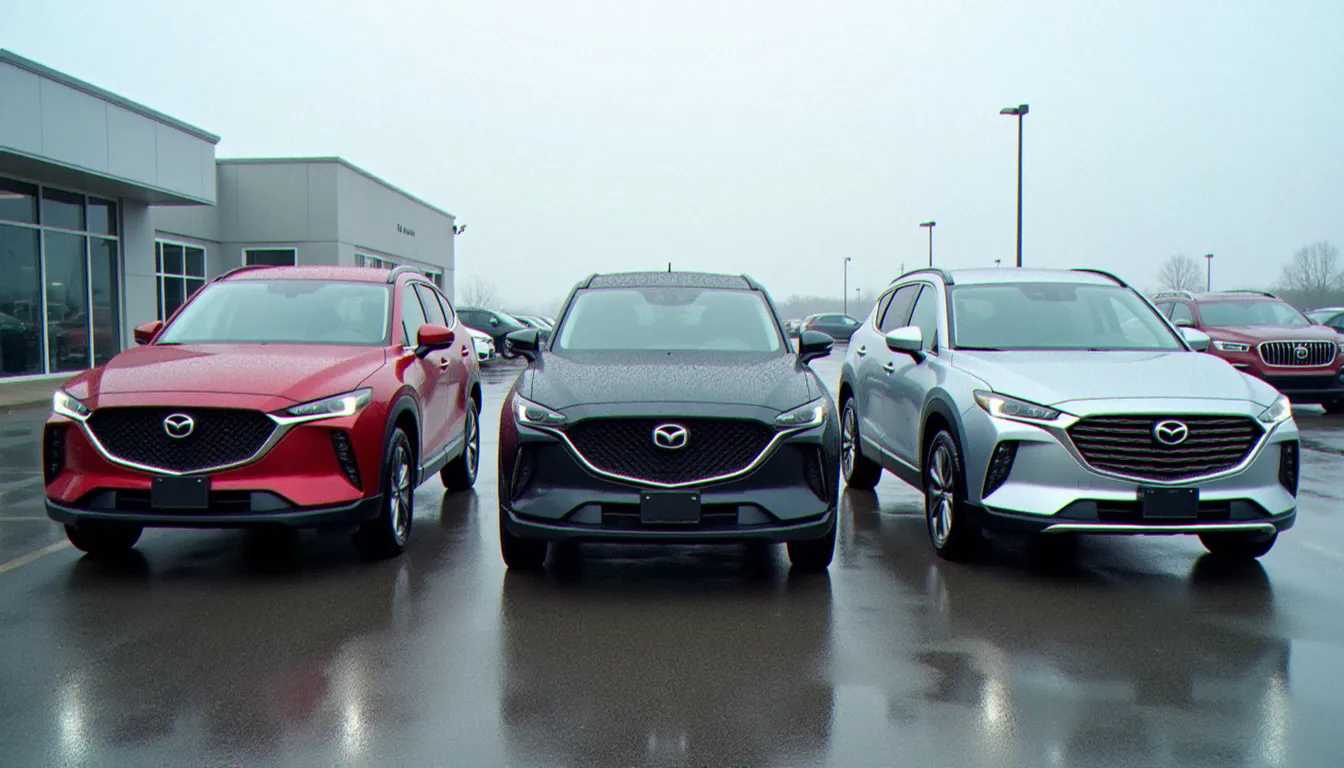 Comparaison de trois SUV compacts de marques différentes dans un parking de concessionnaire automobile illustrant l'analyse des prix DR face à la concurrence