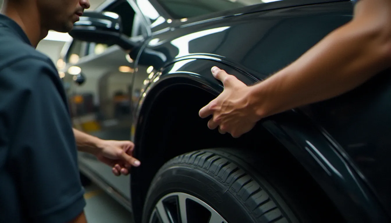 Préparateur automobile installant un kit d'élargisseurs d'ailes en ABS sur un SUV compact DR dans un atelier de carrosserie professionnel
