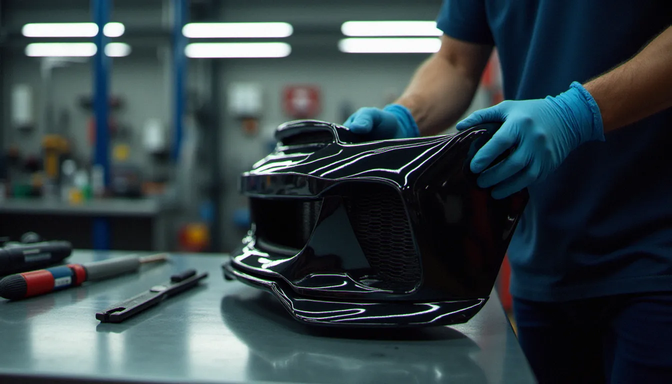 Déballage d'une lèvre avant en polyuréthane dans un atelier de préparation automobile français, pièce compatible avec un modèle précis pour une installation optimale