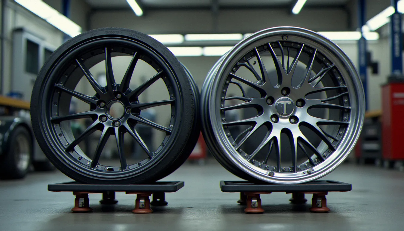 Comparaison de deux jantes aftermarket de gammes différentes dans un atelier automobile, illustration concrète du rapport qualité/prix sur le marché de l'auto en France