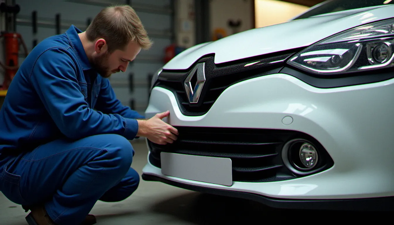 Mécanicien en atelier posant un kit carrosserie sur une Renault Clio, montage professionnel d'une jupe avant aftermarket au Maroc