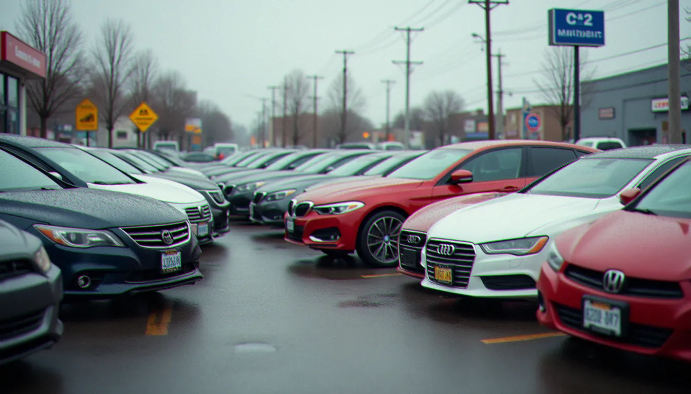 Grand lot de concessionnaire automobile d'occasion à Montréal avec alignement de voitures sport sous ciel couvert, représentatif du marché auto prix montreal et de son offre diversifiée