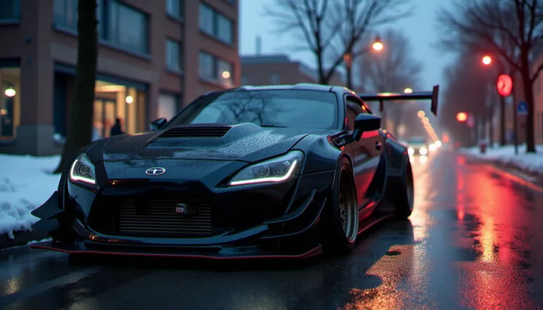 Voiture sport japonaise avec kit carrosserie wide-body posée sur une rue mouillée de Montréal au crépuscule, illustrant le marché auto prix montreal pour passionnés de préparation