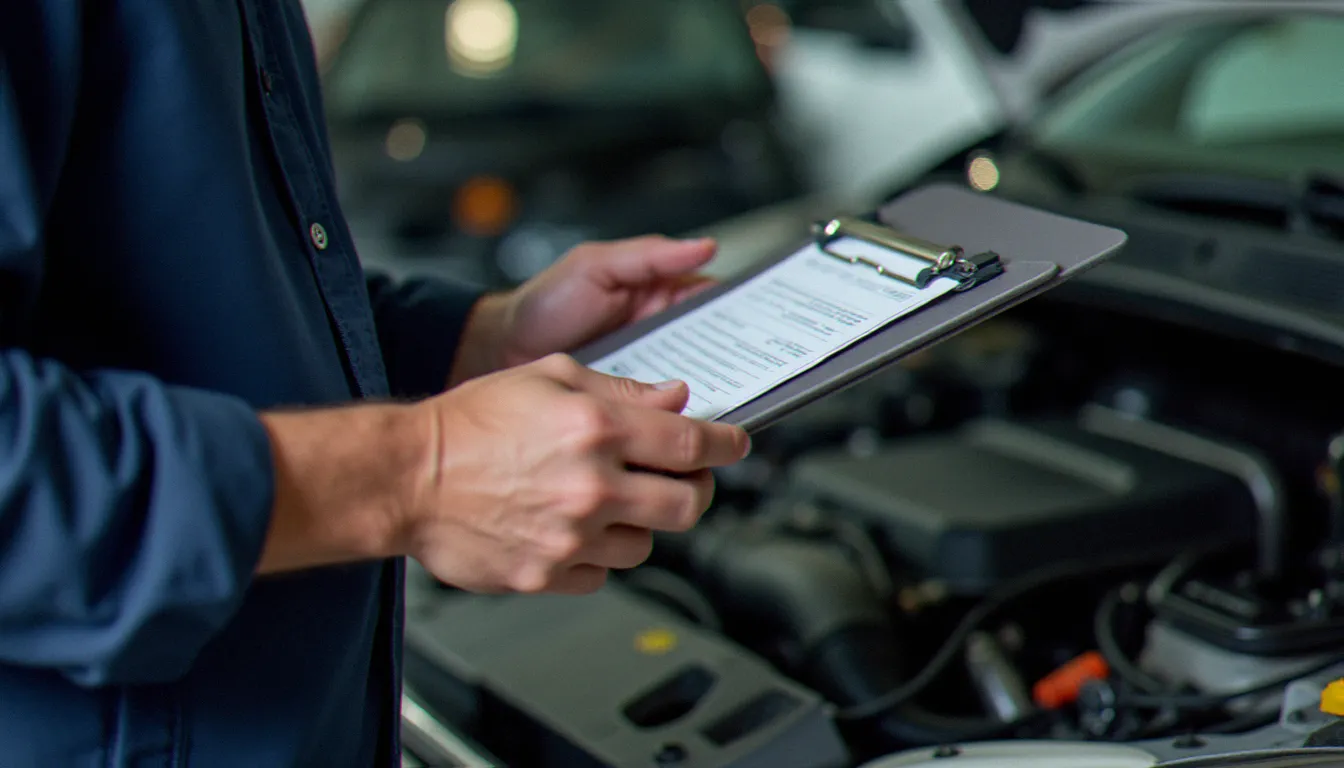Inspection technique du compartiment moteur d'une voiture d'occasion avec liste de contrôle, étape clé pour évaluer le juste prix d'une auto occasion