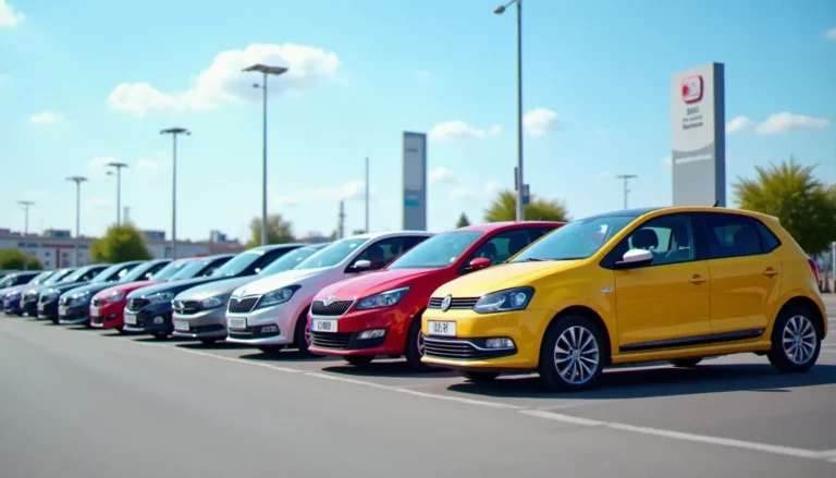 Rangée de voitures d'occasion exposées dans un lot de concessionnaire en France, illustrant le marché de l'auto prix occasion en 2026
