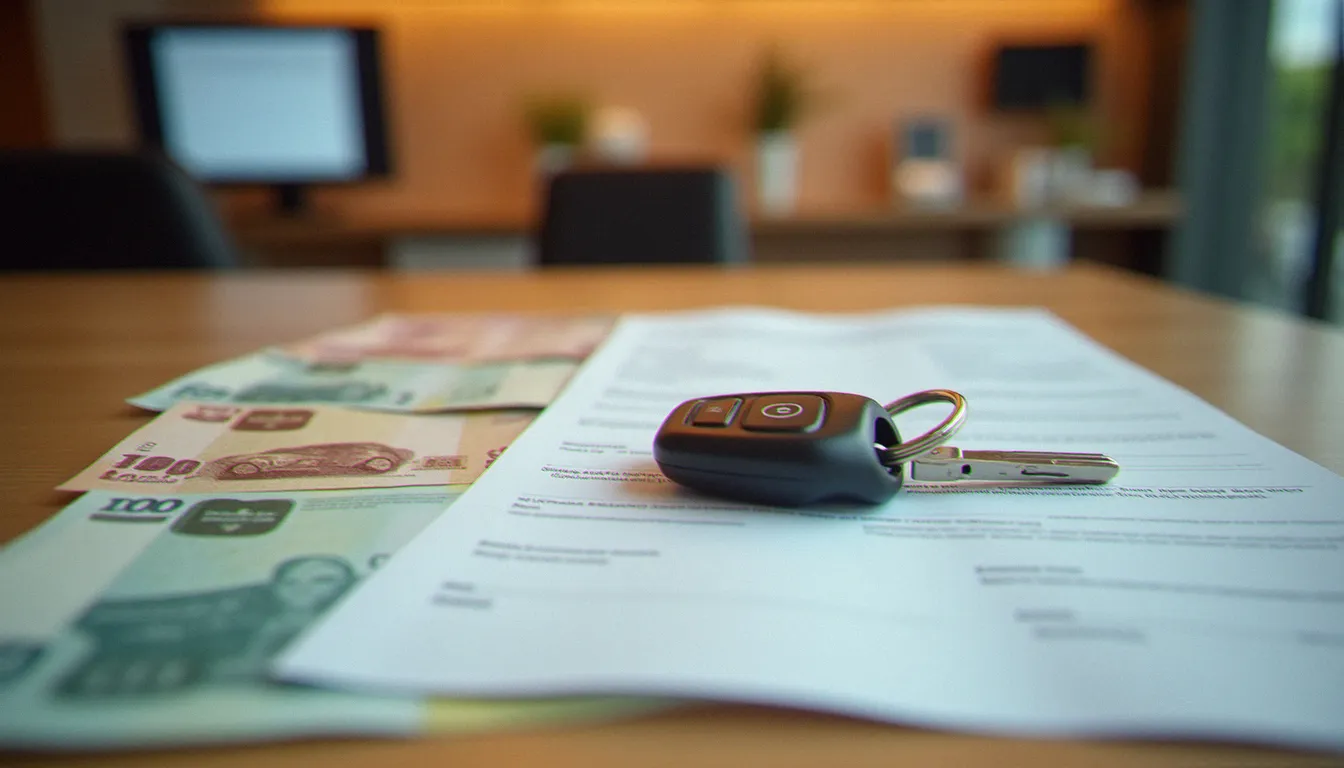 Contrat d'achat automobile et clés de voiture sur le bureau d'un concessionnaire en Tunisie avec des billets en dinars tunisiens