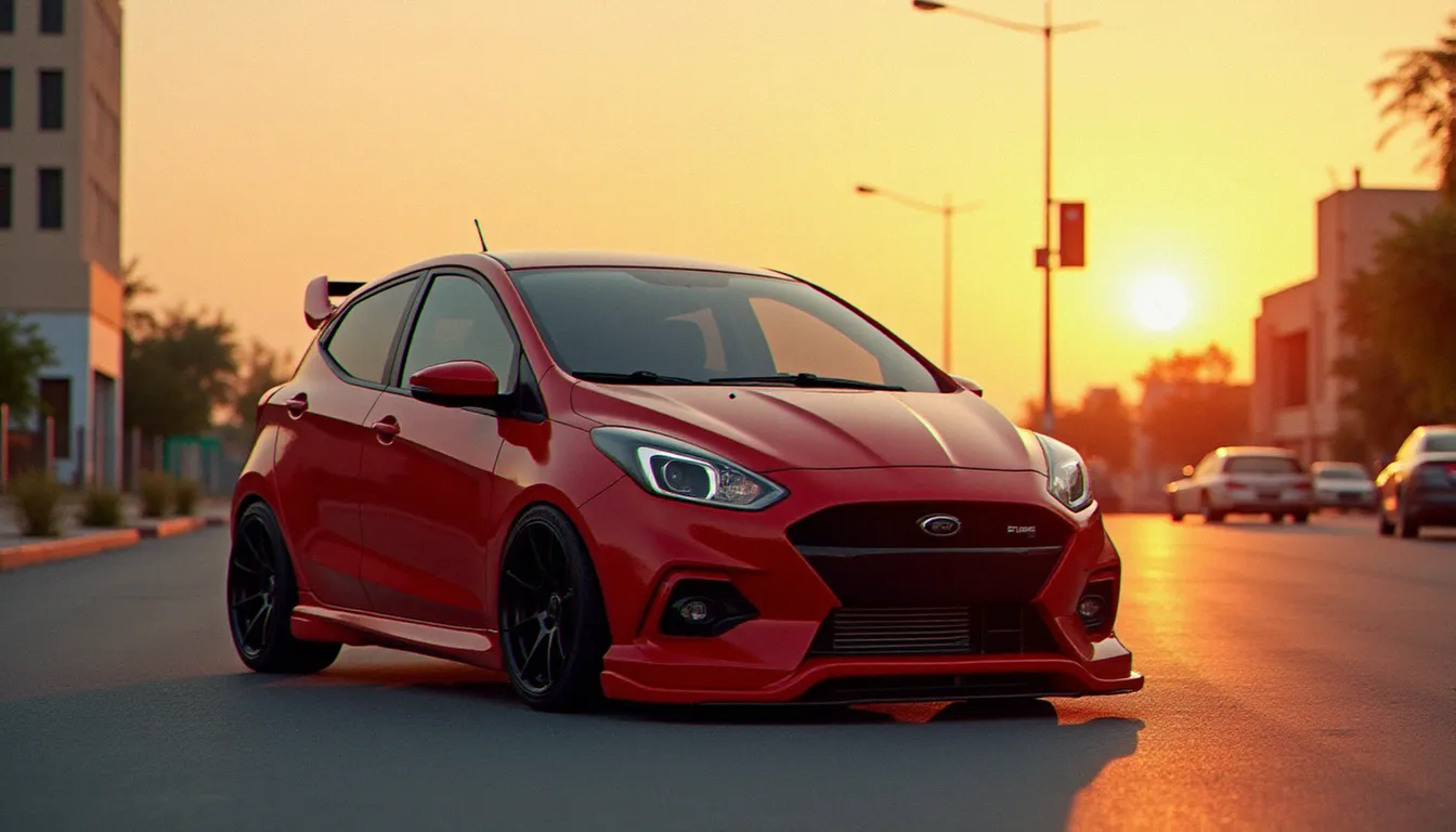Voiture compacte rouge personnalisée avec kit carrosserie sport installé dans un cadre urbain nord-africain au coucher de soleil
