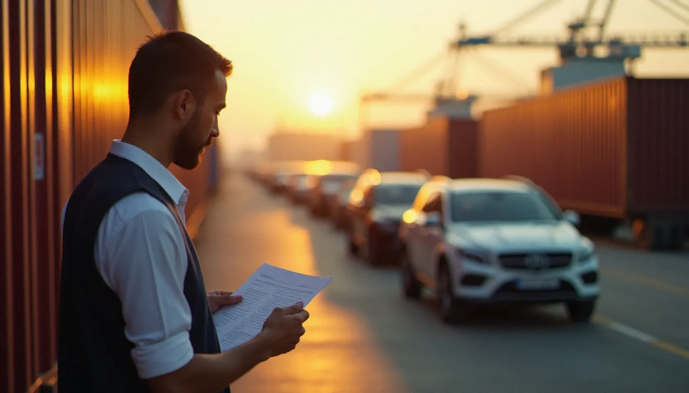 Inspection douanière au port de Tunis de voitures d'occasion importées par des Tunisiens résidents à l'étranger, illustrant la fiscalité des auto prix tunisie
