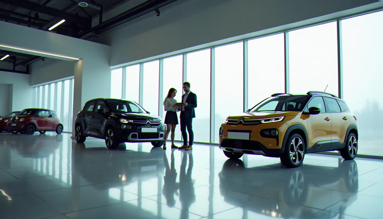 Intérieur d'une concession spécialisée voiture sans permis avec plusieurs modèles exposés côte à côte, comparaison des gammes et des prix