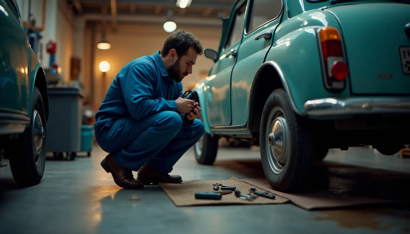 Mécanicien inspectant une voiture sans permis d'occasion dans un atelier, vérification mécanique détaillée avant achat sur le marché de l'occasion