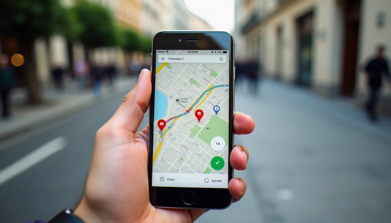 Gros plan sur un smartphone affichant une carte de réseau d'autobus en temps réel avec les positions des véhicules et les horaires de passage