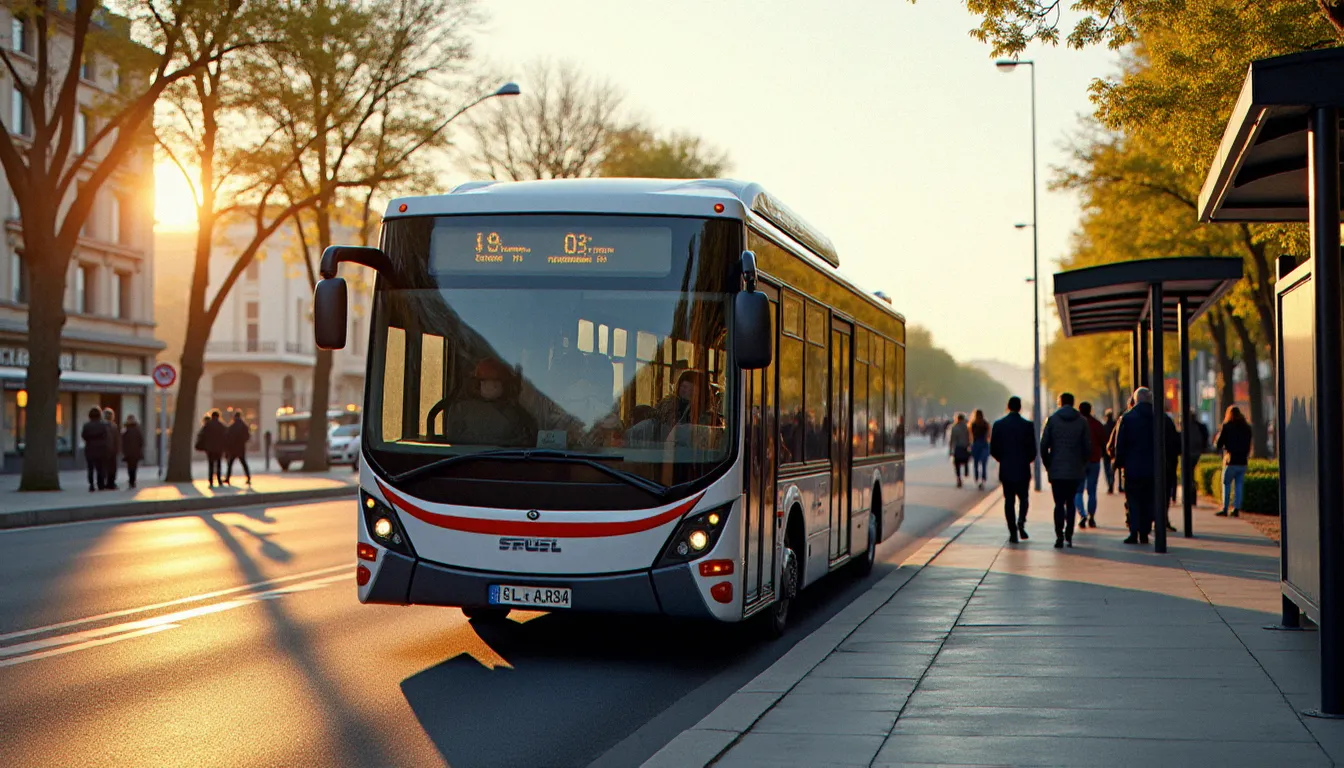 Un autobus articulé moderne arrive à un arrêt de bus sur un boulevard urbain français en fin d'après-midi, des passagers attendent sur le trottoir
