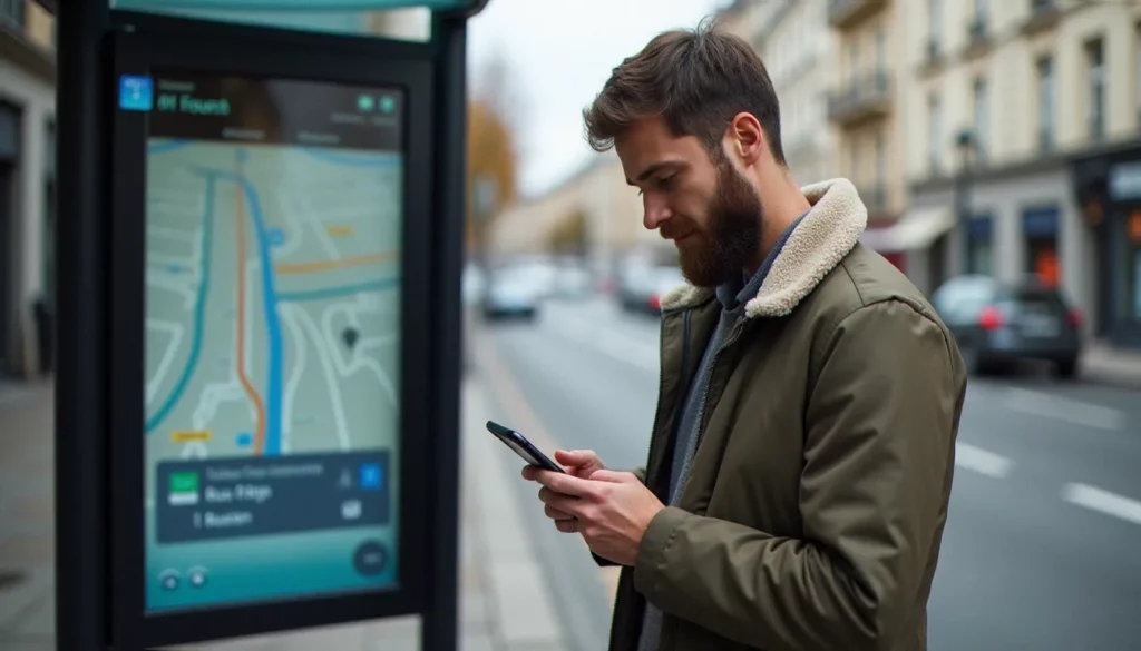 autobus autour de moi featured Un homme consulte les autobus autour de lui sur son téléphone à un arrêt de bus en ville, application de navigation ouverte affichant les lignes et horaires en temps réel
