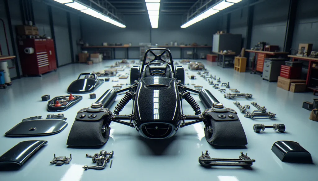 Automobile en kit décomposée dans un garage professionnel, avec châssis tubulaire acier, carrosserie et composants mécaniques disposés méthodiquement au sol avant assemblage