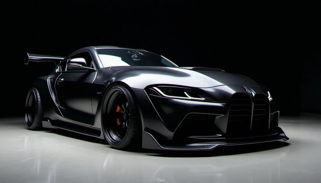 Voiture de sport avec body kit complet incluant pare-chocs avant agressif, jupes latérales et diffuseur arrière en carrosserie noire métallisée
