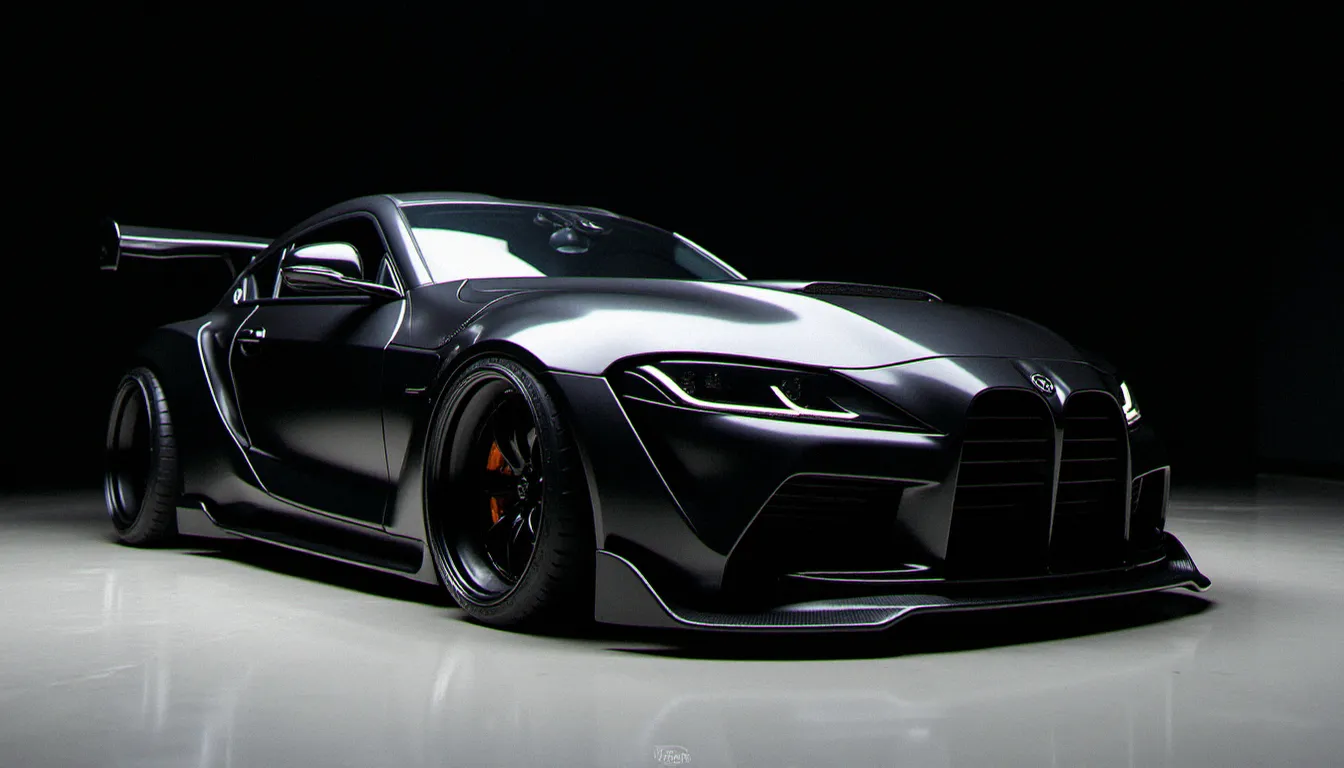 Voiture de sport avec body kit complet incluant pare-chocs avant agressif, jupes latérales et diffuseur arrière en carrosserie noire métallisée