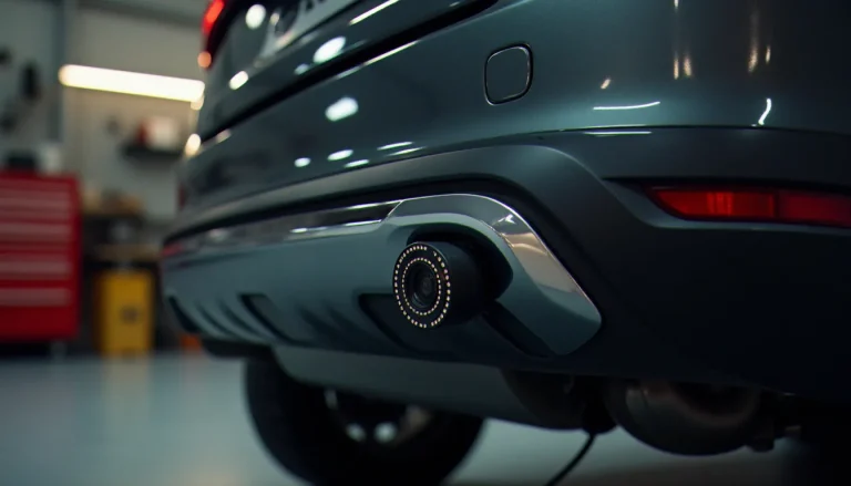 Kit caméra de recul monté sur le pare-choc d'un SUV gris anthracite, vue rapprochée montrant le boîtier caméra avec anneau de LED infrarouge et câblage intégré proprement