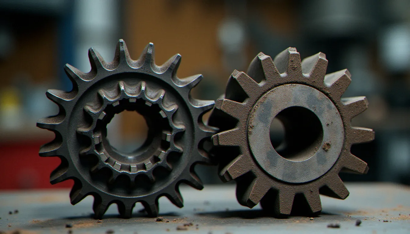 Comparaison entre une couronne moto usée aux dents en crochet et une couronne neuve posées sur un établi d'atelier