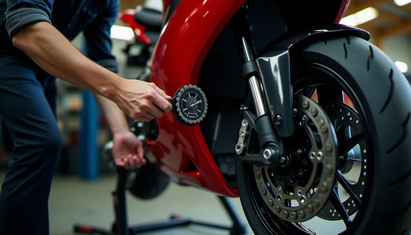 Mécanicien utilisant un outil de rivure pour fermer une chaîne X-ring neuve sur une moto sportive soulevée sur béquille d'atelier