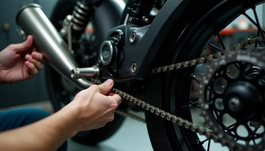Mécanicien en train de changer kit chaine moto dans un atelier, chaîne neuve tendue sur le pignon arrière d'une moto naked