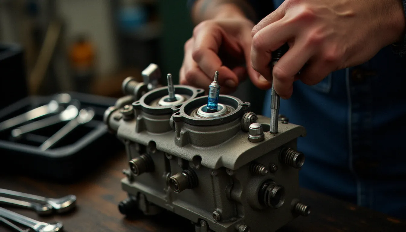Mécanicien réglant la vis de richesse d'un double carburateur Weber DCOE avec une colortune bougie visible et allumée dans la culasse du moteur vintage