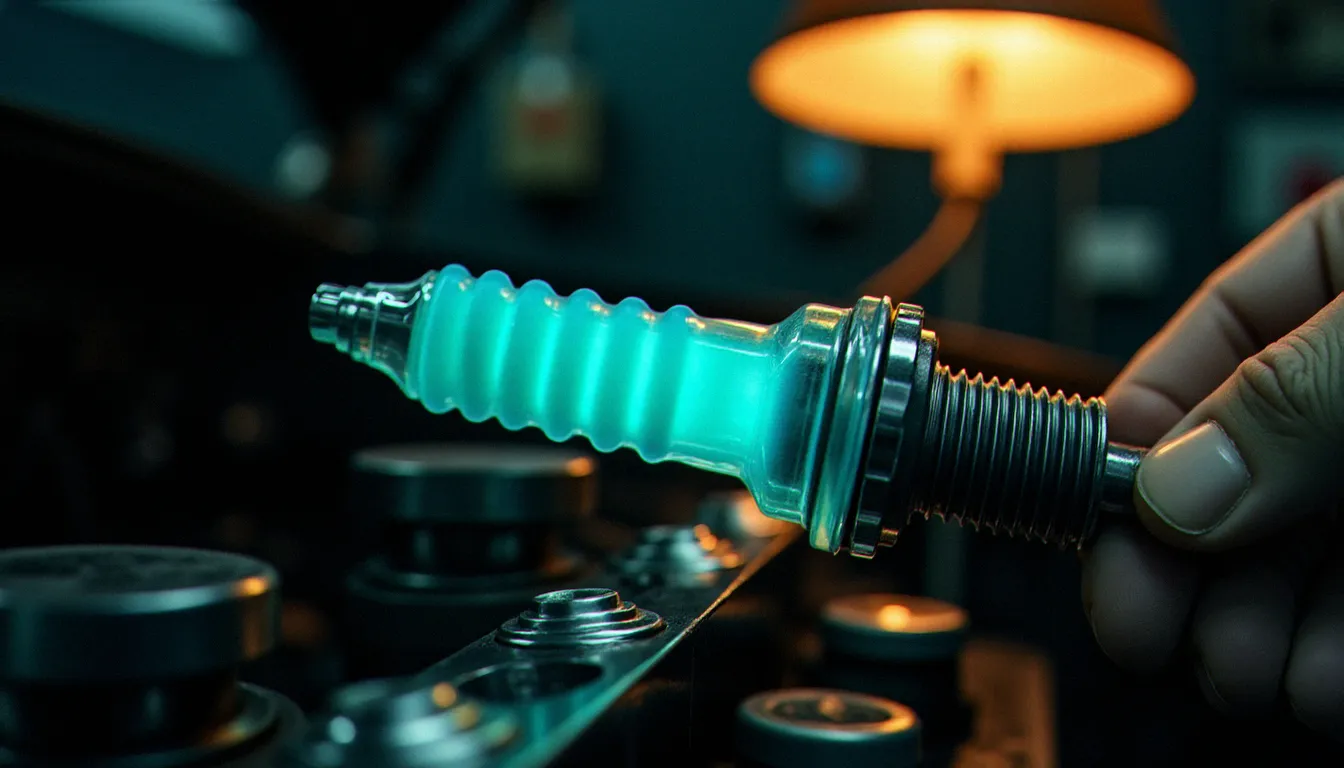 Colortune bougie transparente installée sur un moteur classique révélant une flamme bleu-vert caractéristique d'un mélange air/essence idéal
