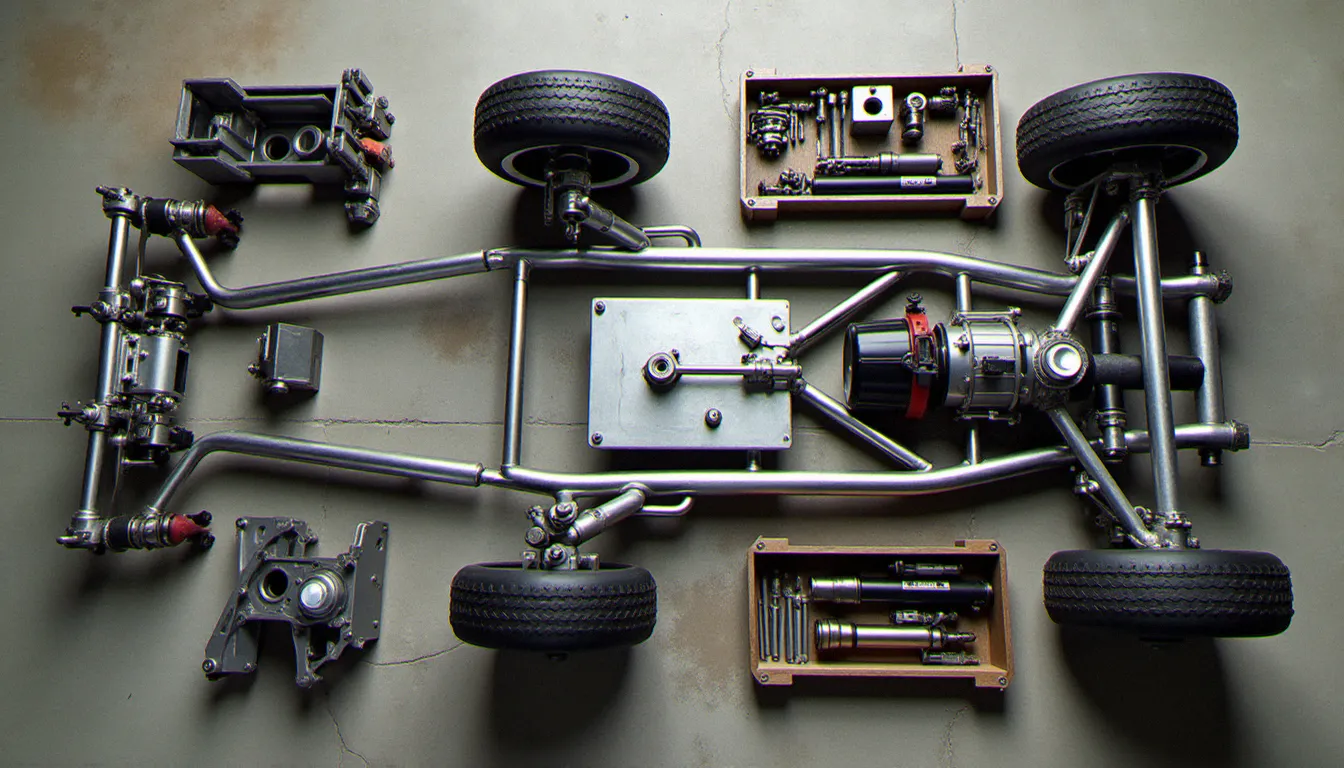 Vue d'ensemble des différents composants d'un cross kart kit disposés au sol, incluant châssis, triangles de suspension et amortisseurs