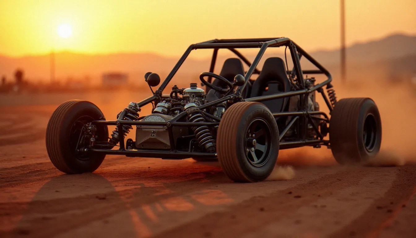 Cross kart monté sur circuit en terre avec châssis chromoly visible et géométrie de suspension en evidence au coucher du soleil