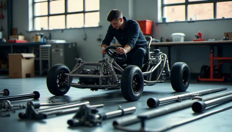 Assemblage d'un cross kart kit en atelier avec châssis tubulaire et pièces de suspension disposées sur le sol