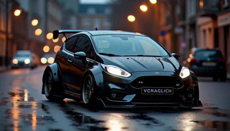 Ford Fiesta MK7 ST préparée en fiesta ford tuning avec kit carrosserie large, jantes forgées et position abaissée sur route urbaine au crépuscule