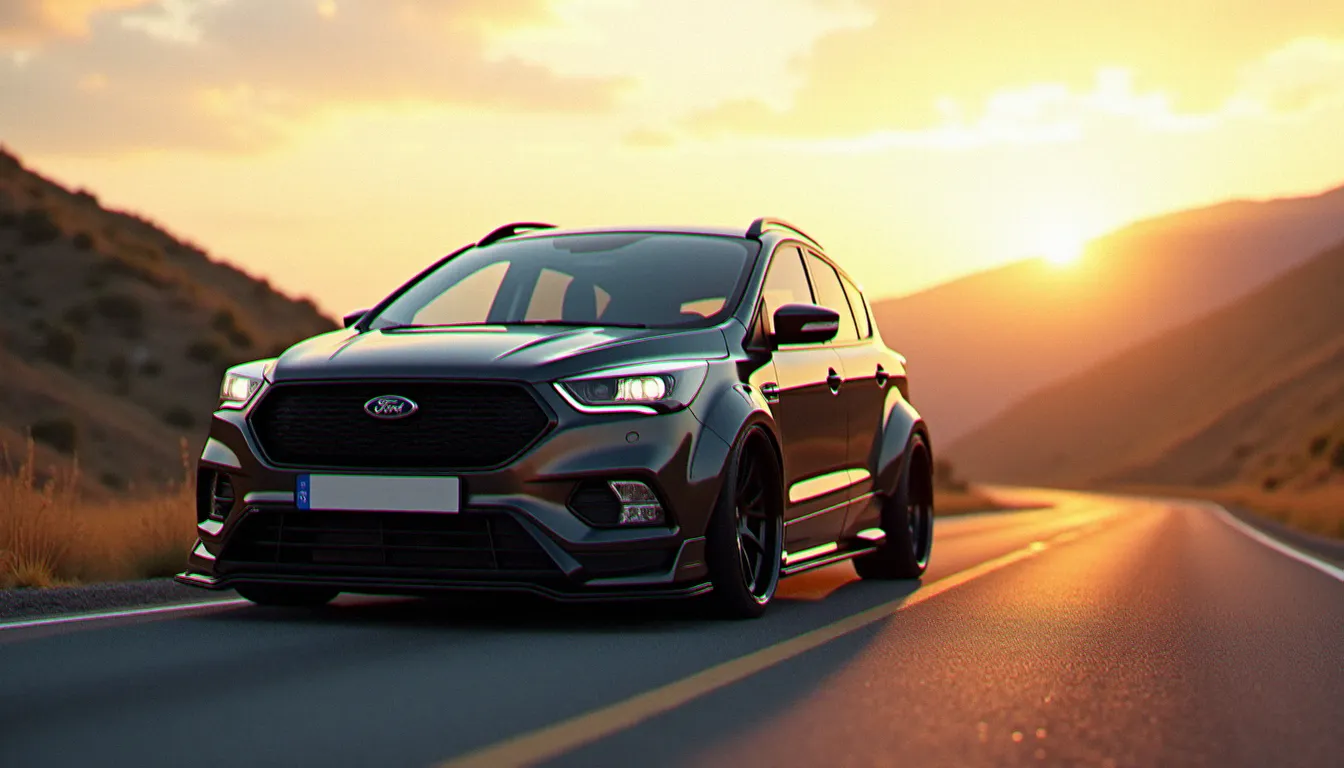 Ford Kuga tuned avec kit carrosserie complet et jantes sport sur route de montagne au coucher du soleil