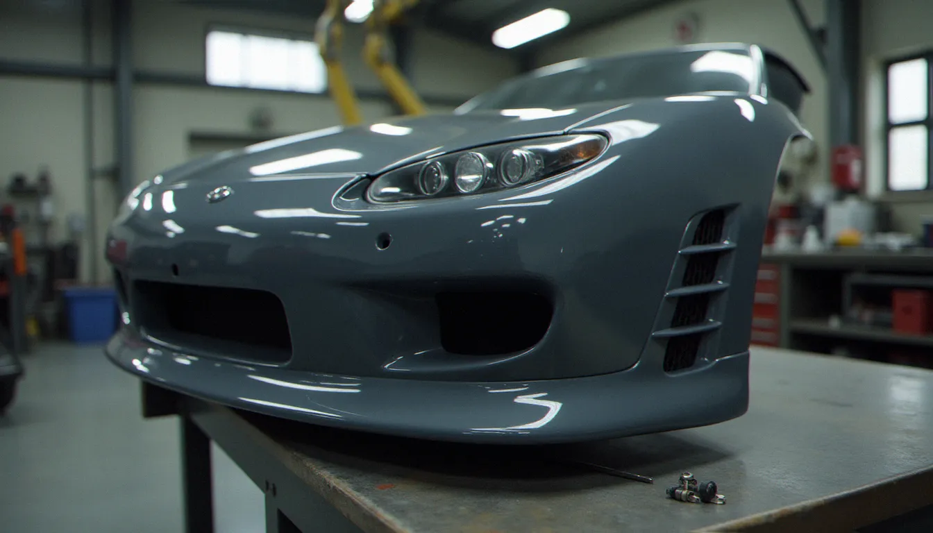Pare-chocs avant style R32 en polyuréthane pour Golf 4 posé sur établi d'atelier, détail des supports de fixation et grilles d'entrée d'air