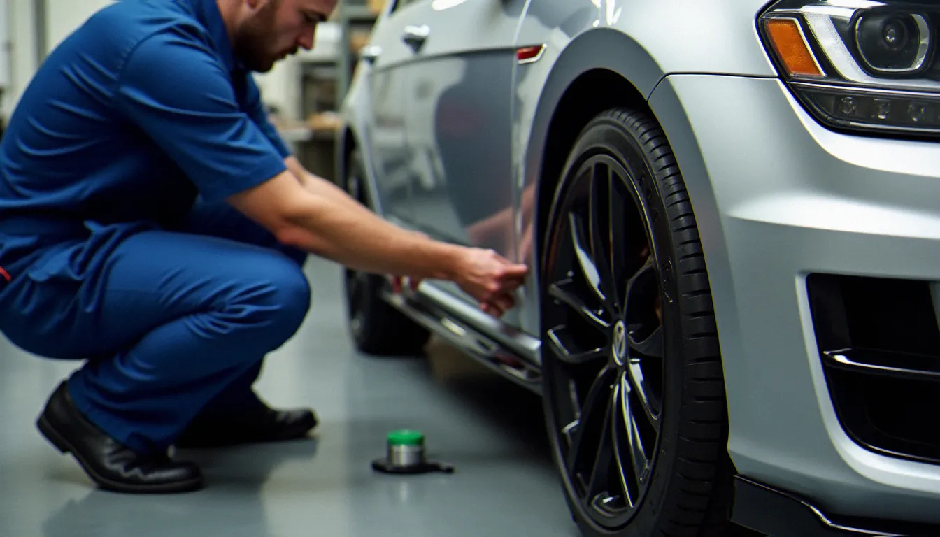 Mécanicien vérifiant l'alignement d'une jupe latérale kit R32 sur une Golf 4 argentée en garage, utilisation d'outils de contrôle des jeux de carrosserie