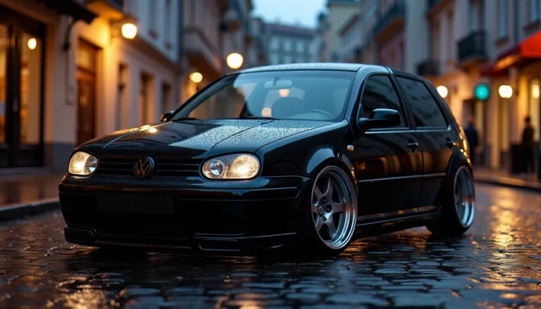 Golf 4 équipée d'un kit carrosserie golf 4 kit r32 complet avec pare-chocs avant sportif, jupes latérales et pare-chocs arrière, photographiée en milieu urbain au crépuscule