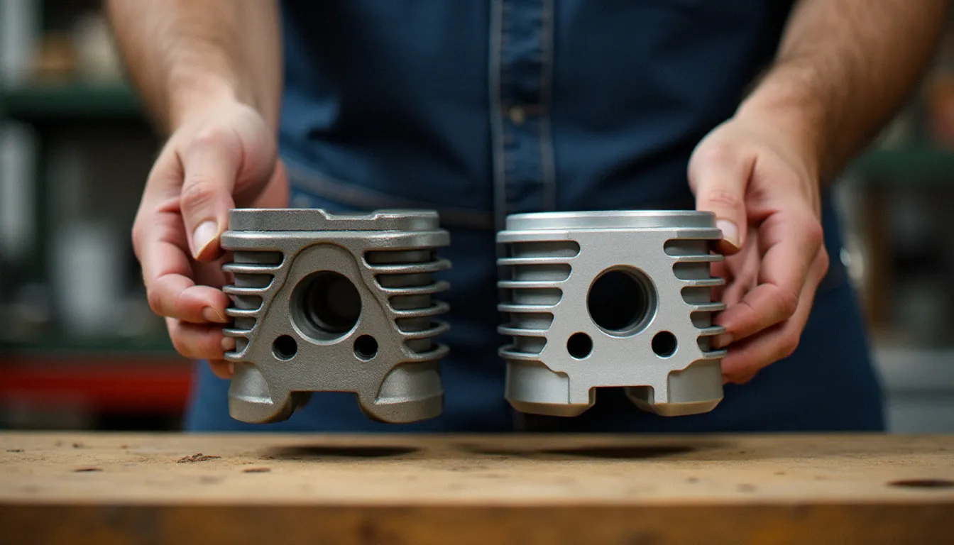 Comparaison côte à côte d'un cylindre fonte d'origine et d'un cylindre Polini Evolution nikasil pour kit 50 Polini Booster