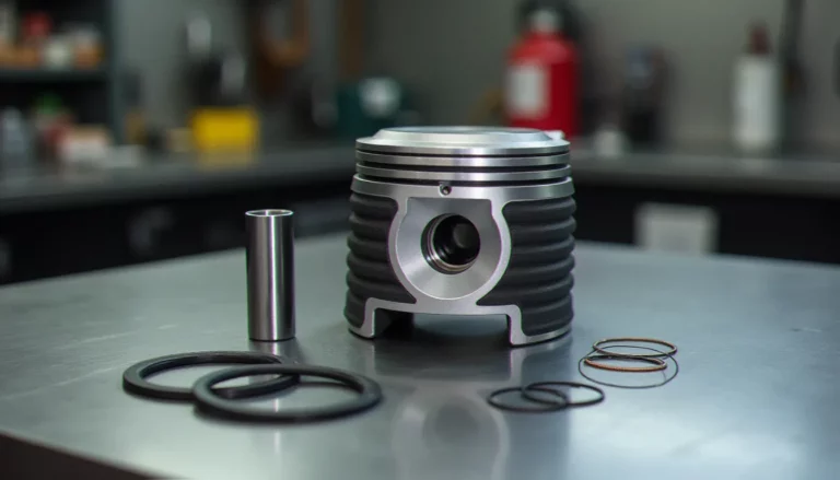 Kit 50 Polini Booster neuf présenté sur un établi de garage avec cylindre aluminium nikasil, piston, segments et pochette de joints