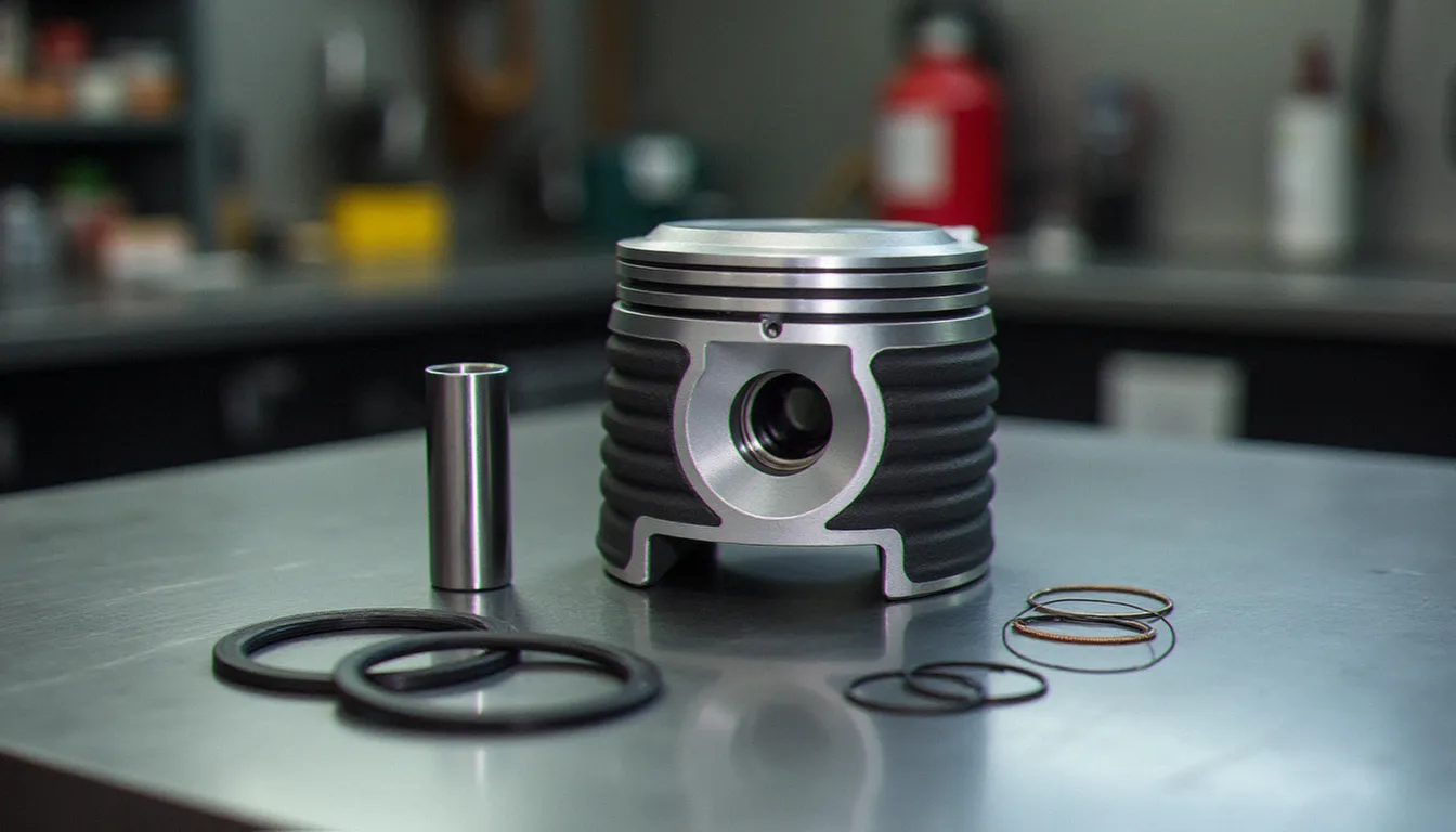 Kit 50 Polini Booster neuf présenté sur un établi de garage avec cylindre aluminium nikasil, piston, segments et pochette de joints