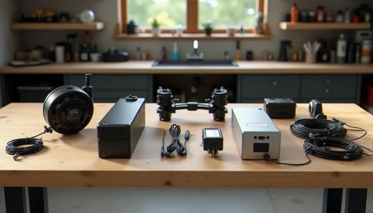 Kit electrification velo complet avec moteur mid-drive, batterie lithium-ion et contrôleur posés sur un établi d'atelier