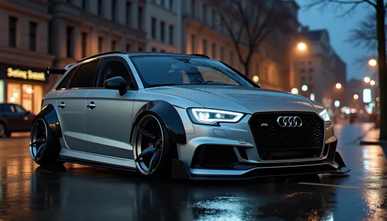 Audi A3 Sportback avec kit tuning complet incluant splitter avant, jupes latérales et diffuseur arrière, photographiée de profil sur une rue urbaine au crépuscule