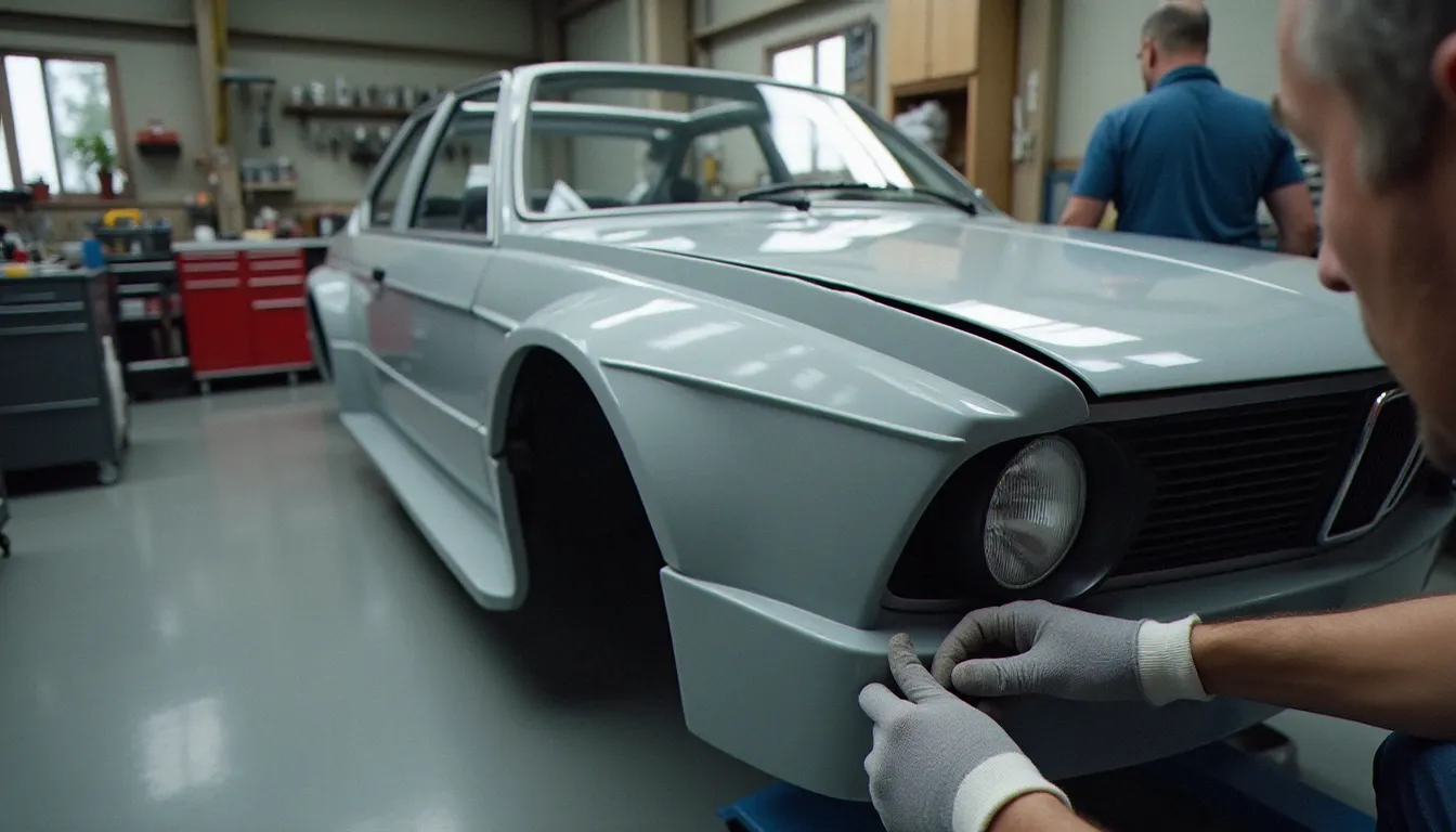 Montage d'un kit carrosserie avant en fibre de verre sur une BMW M3 E30 dans un atelier de préparation automobile