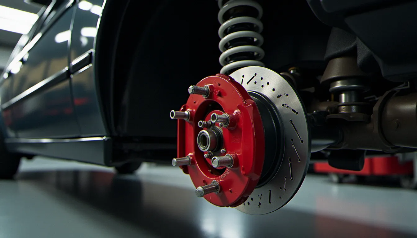 Amortisseur combiné fileté réglable et étrier de frein sport quatre pistons sur la suspension avant d'une BMW M3 E30 préparée