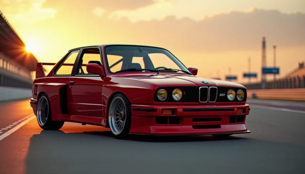 tuning bmw m3 e30 featured BMW M3 E30 en configuration tuning DTM avec kit carrosserie élargi et aileron arrière sur un circuit automobile au coucher du soleil