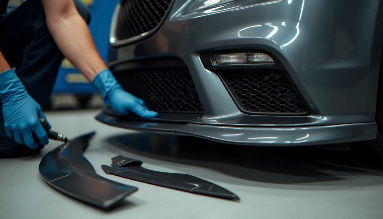 Composants de kit carrosserie en polyuréthane pour tuning Chrysler 300 disposés dans un atelier de préparation automobile à Metz