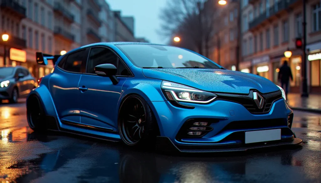Renault Clio 4 RS modifiée avec kit carrosserie complet et jantes aftermarket noires, exemple réussi de tuning Clio 4 en environnement urbain nocturne