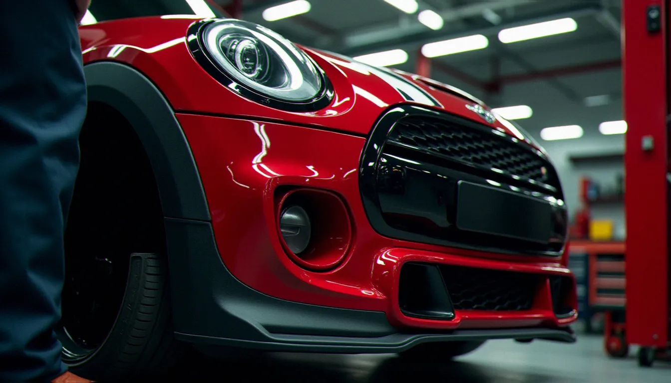 Montage d'un kit lèvre avant en polyuréthane sur une Mini Cooper F56 rouge dans un atelier de préparation automobile