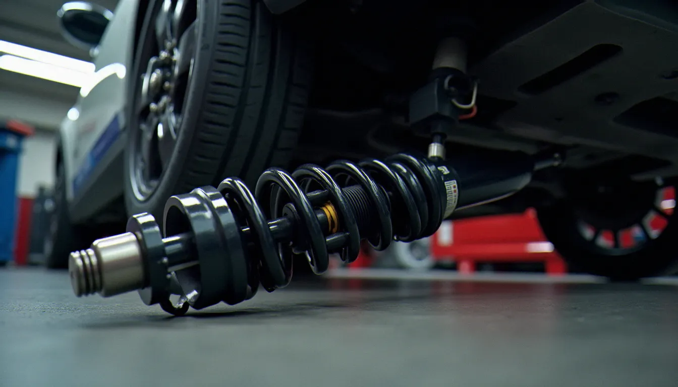 Installation de combinés filetés KW réglables sous une Mini Cooper soulevée sur pont, dans le cadre d'une préparation suspension pour tuning