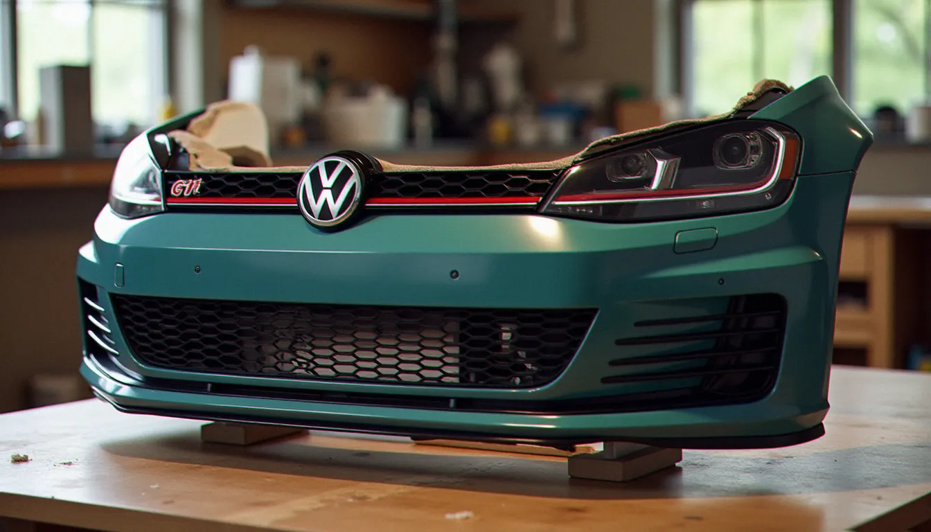 Kit pare-chocs avant en polyuréthane pour Golf GTI Mk7 posé sur établi d'atelier, montrant la texture du matériau et les points de fixation