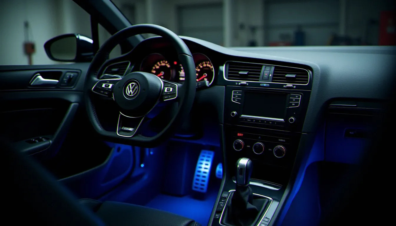 Habitacle modifié d'une Golf GTI avec volant aplati alcantara, pommeau carbone et pédalier aluminium sous éclairage ambiant bleu, tuning intérieur sportif