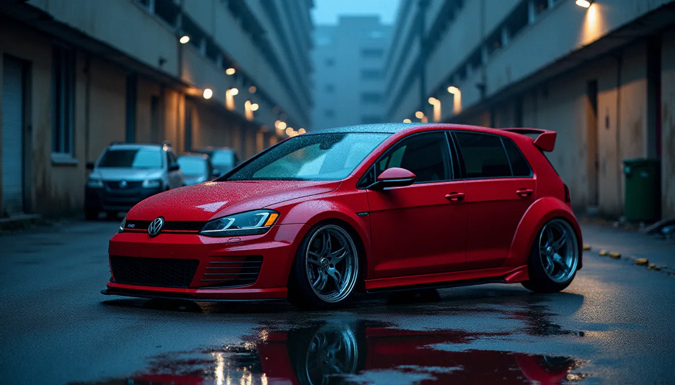 Golf GTI Mk7.5 rouge avec kit carrosserie wide body et jantes sport en milieu urbain industriel, illustration du tuning Golf GTI contemporain